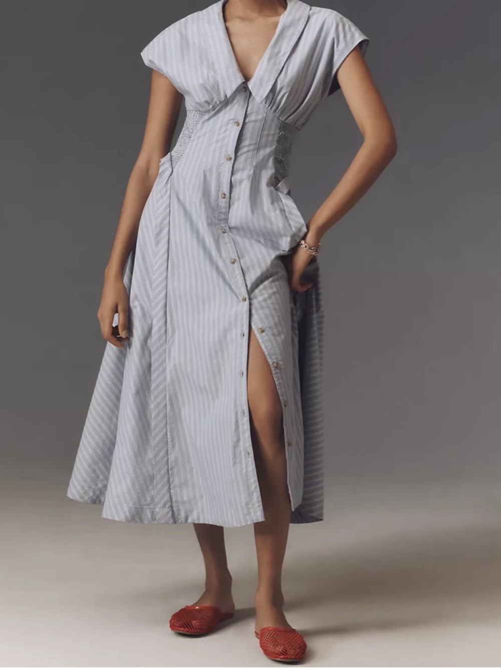 NWT Anthropologie Short Sleeve V-Neck Pleated Midi Dress Stripe Size Large